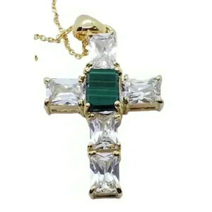 Vintage 14k Gold Plated Cross Crucifix Necklace Malachite Crystal Christian Lind